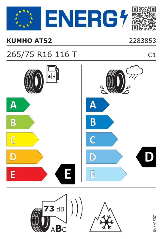 EU energiacímke - Kumho 265/75 R16 ROAD VENTURE AT52 [116] T DOT2024 116T