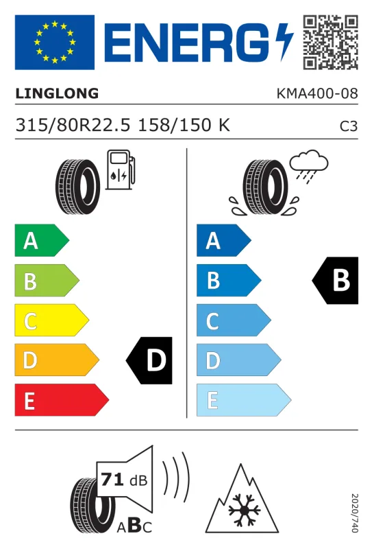 EU energiacímke - Linglong 315/80 R22.5 KMA400 22PR [158/150] K TL M+S 3PMSF 158/150K