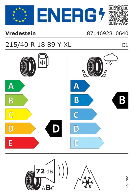 EU energiacímke - Vredestein 215/40 R18 QUATRAC PRO+ [89] Y XL ZR 89Y