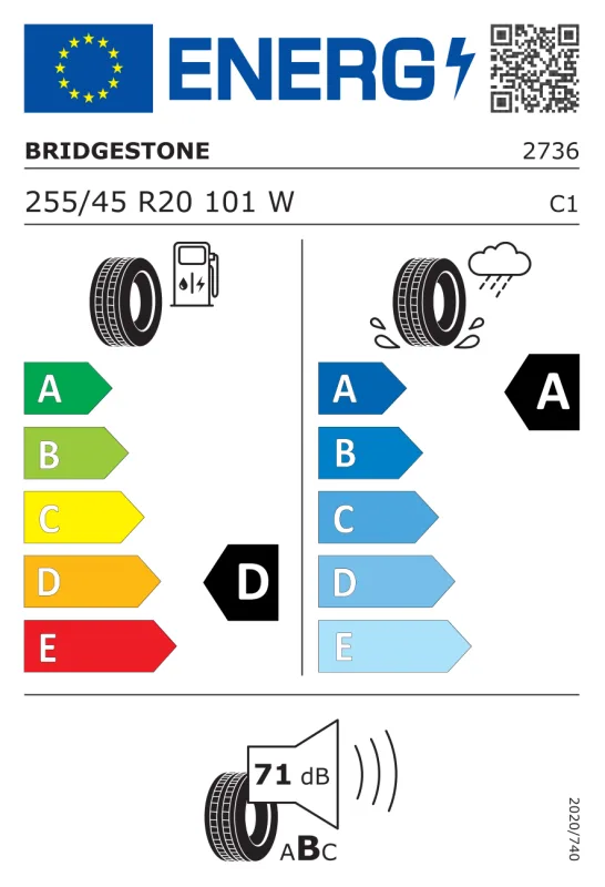 EU energiacímke - Bridgestone 255/45 R20 DUELER H/P SPORT [101] W FR AO DOT2024 101W