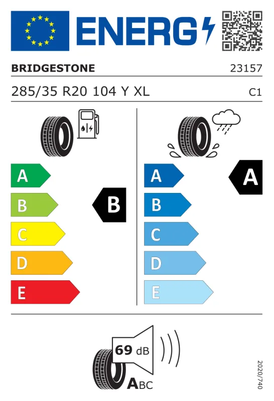 EU energiacímke - Bridgestone 285/35 R20 TURANZA T005 [104] Y XL FR EXT MOEXTENDED 104Y