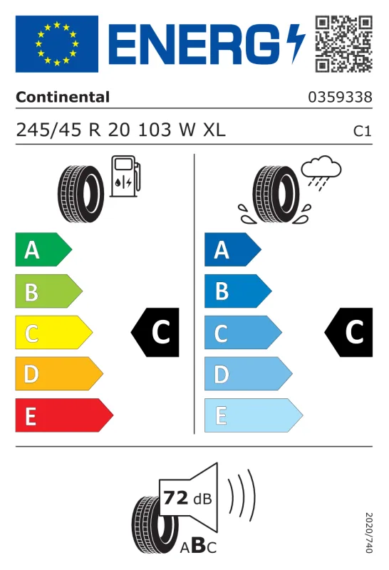 EU energiacímke - CONTINENTAL 245/45 R20 103W XL FR CROSSCONTACT LX SPORT LR M+S