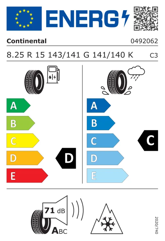 EU energiacímke - CONTINENTAL 8,25 R15 143/141G HTR+ M+S 3PMSF TT PÓTK