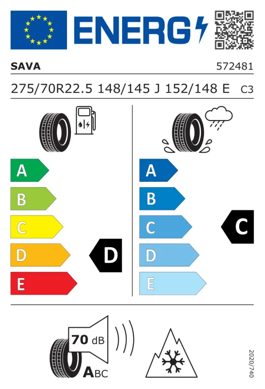 EU energiacímke - Sava 275/70 R22.5 CITY U4 [148J/152E] TL M+S 3PMSF 148J/152EJ