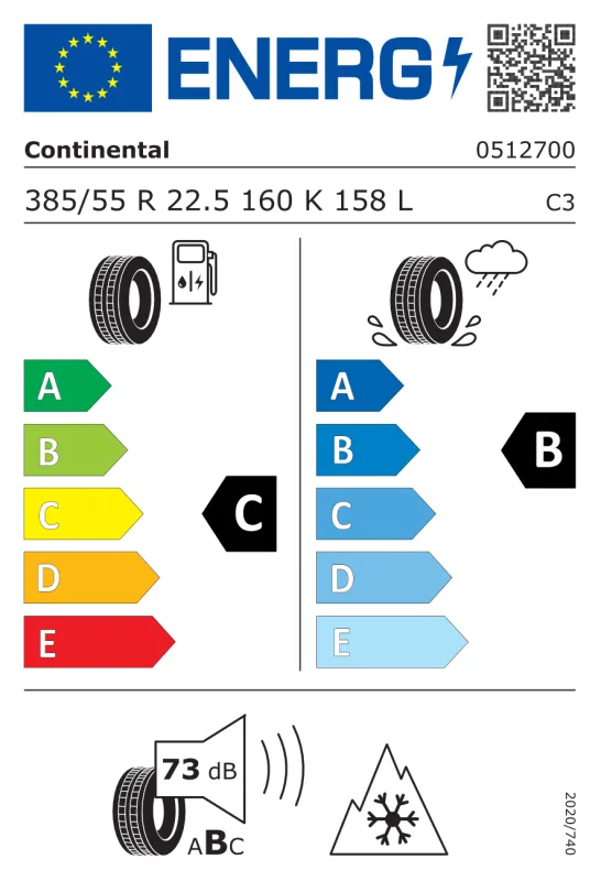 EU energiacímke - Continental 385/55 R22.5 CONTI HYBRID HS5 20PR [160] K TL M+S 3PM 160K